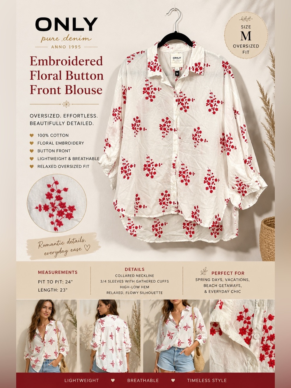 ONLY White Embroidered Floral Button Front Blouse Top Oversized Medium